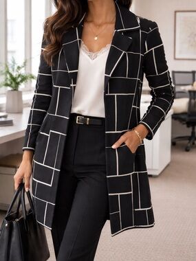 ALISON‎ SHERI Cardigan Coat Thick Knit Size Large Black White Long Line Blazer